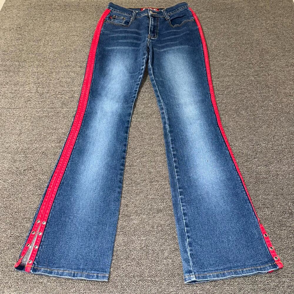 VTG Y2K Zana Di Flare Jeans Women's Size 5 Blue Denim Red Side Stripe Streetwear